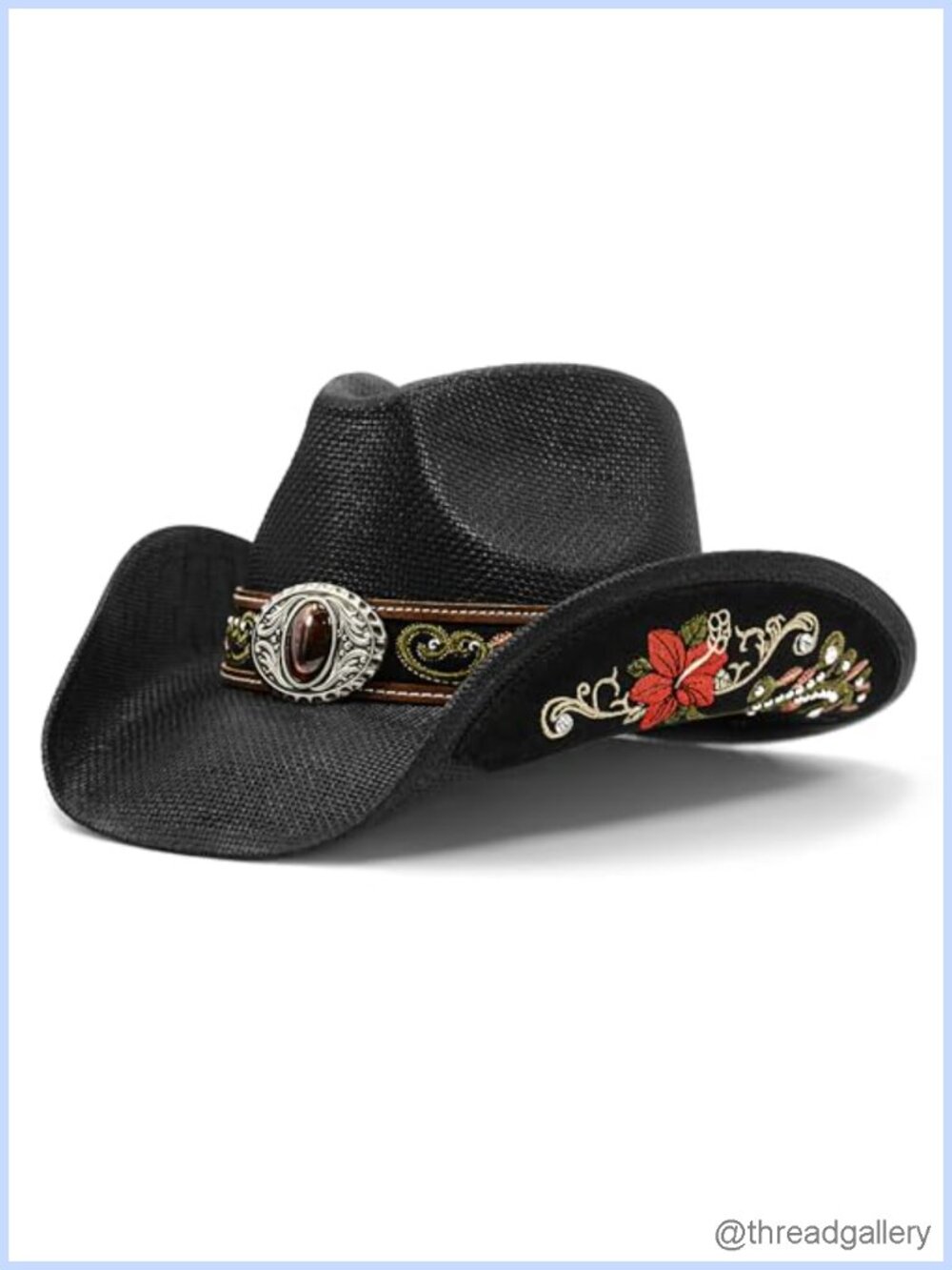 Handmade Straw Cowboy Hat with Embroidered Floral Brim and Stone Concho